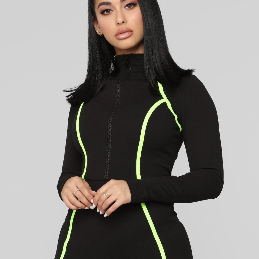 Fashion Nova Jumpsuit Black Neon Green Medium